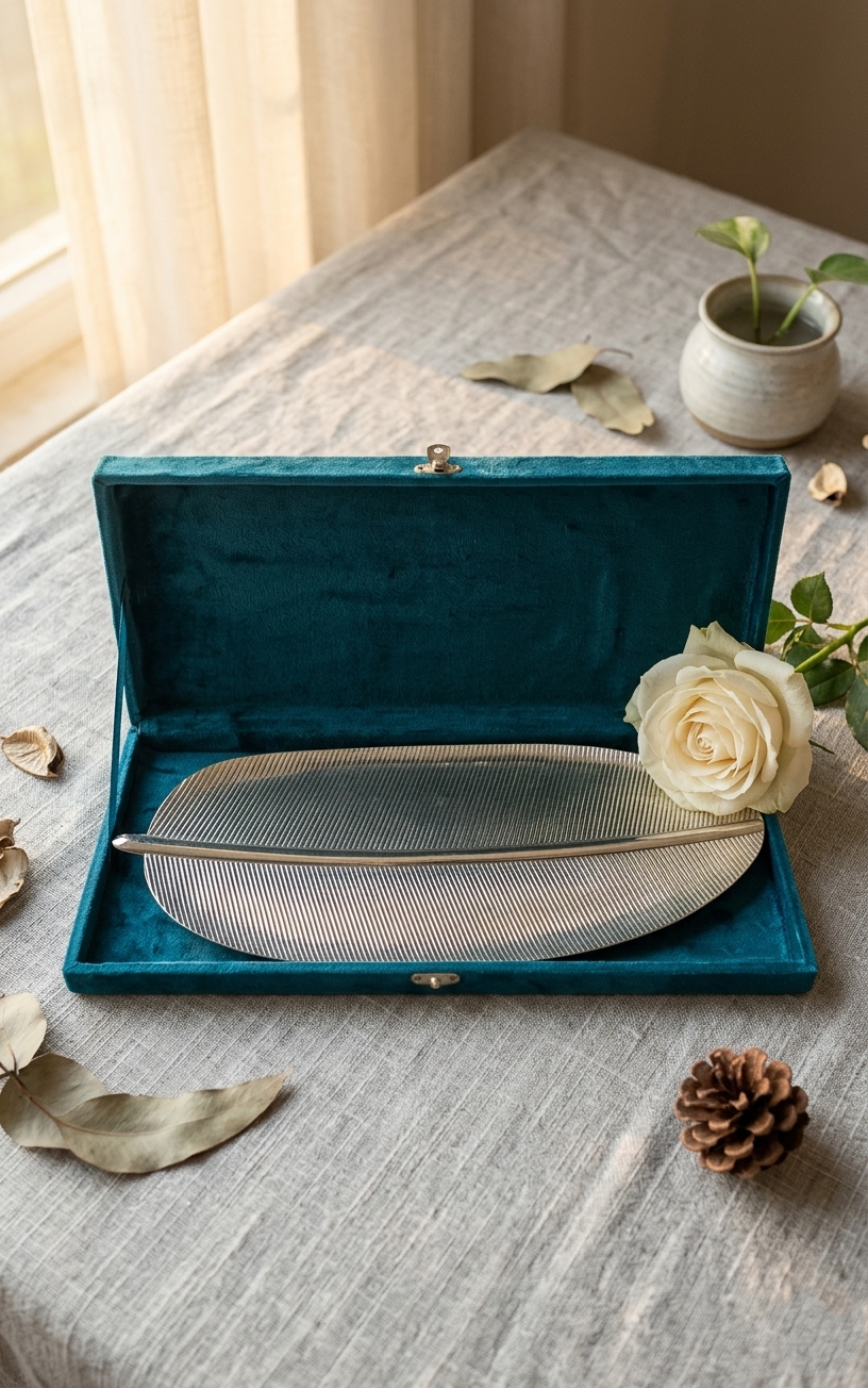 Silver Feather Tray With Velvet Box