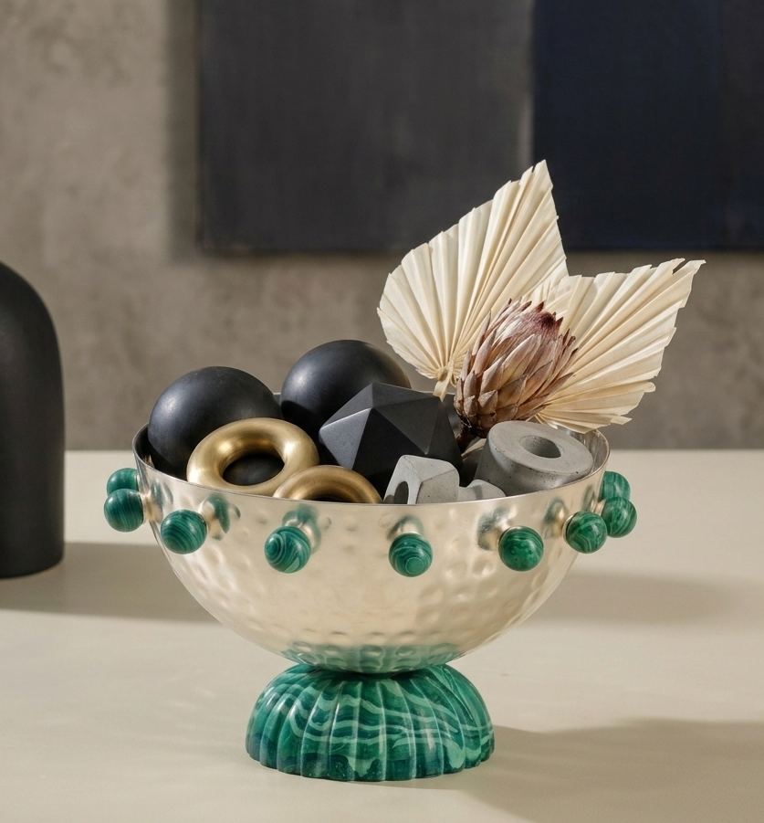 Hammered Silver-Plated Malachite Bowl