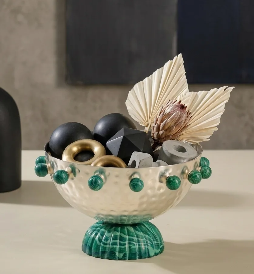 Hammered Silver-Plated Malachite Bowl