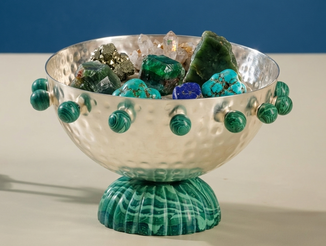 Hammered Silver-Plated Malachite Bowl