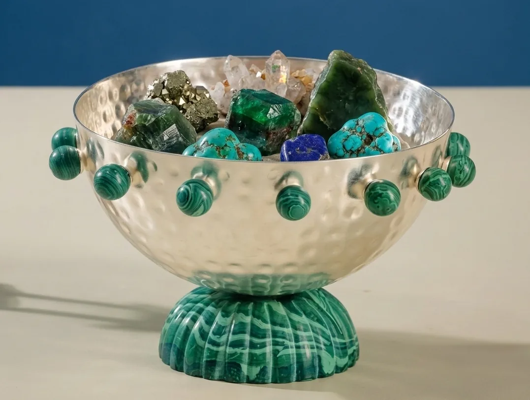 Hammered Silver-Plated Malachite Bowl